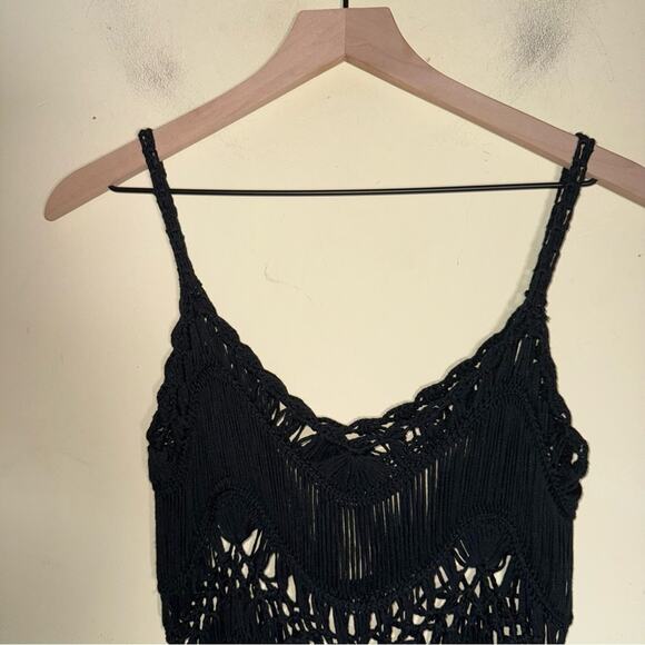BOHO CROCHET whimsigoth festival wear black top layer front detail tank top M - Picture 5 of 6